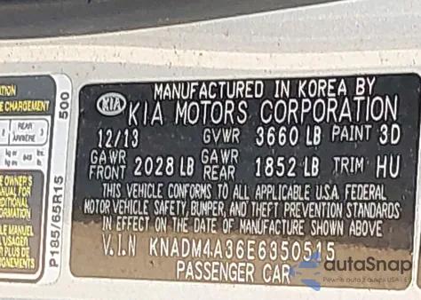 2014 Kia Rio Lx из США, поврежденный, VIN KNADM4A36E6350515